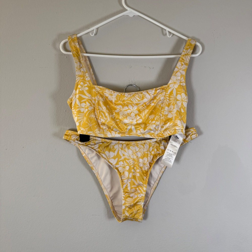 Rip curl Yellow Floral Print Bikini Set Tank Top High Cut Bottoms‎ L